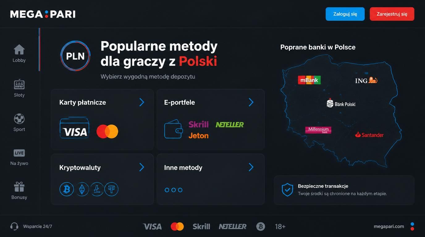 Ekran z najpopularniejszymi metodami płatności w kasynie wraz z mapą Polski i symbolem PLN.