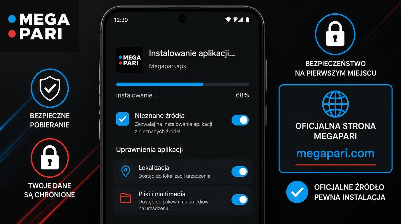  Smartfon z ekranem instalacji APK Megapari, ikona bezpieczeństwa oraz uprawnienia 