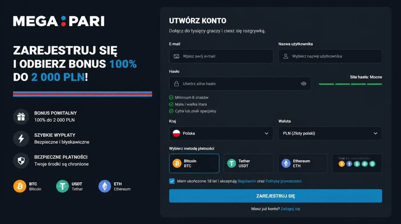 Interfejs rejestracji z Polski z wyborem kryptowalut i waluty