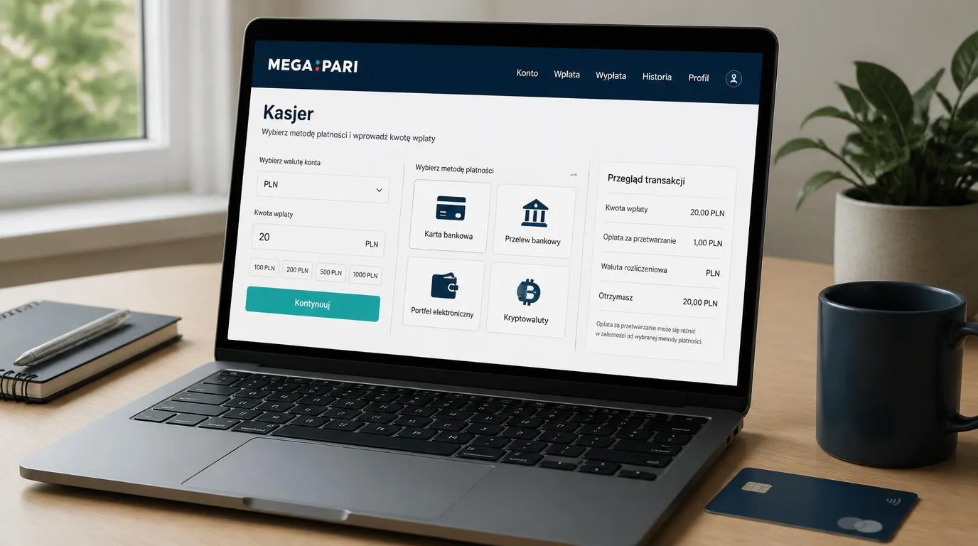 Panel kasy w PLN z wyborem karty, przelewu i portfela oraz podsumowaniem kwoty wpłaty